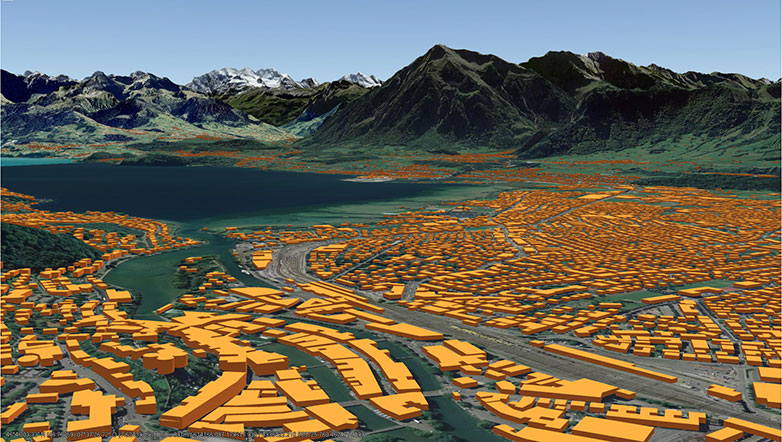 Atlas der Schweiz: Gebäude der Stadt Thun modelliert